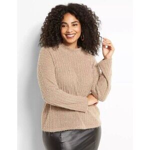 LANE BRYANT Beige Mock Neck Eyelash Knit Sweater Women 18/20 Drop Shoulder NEW